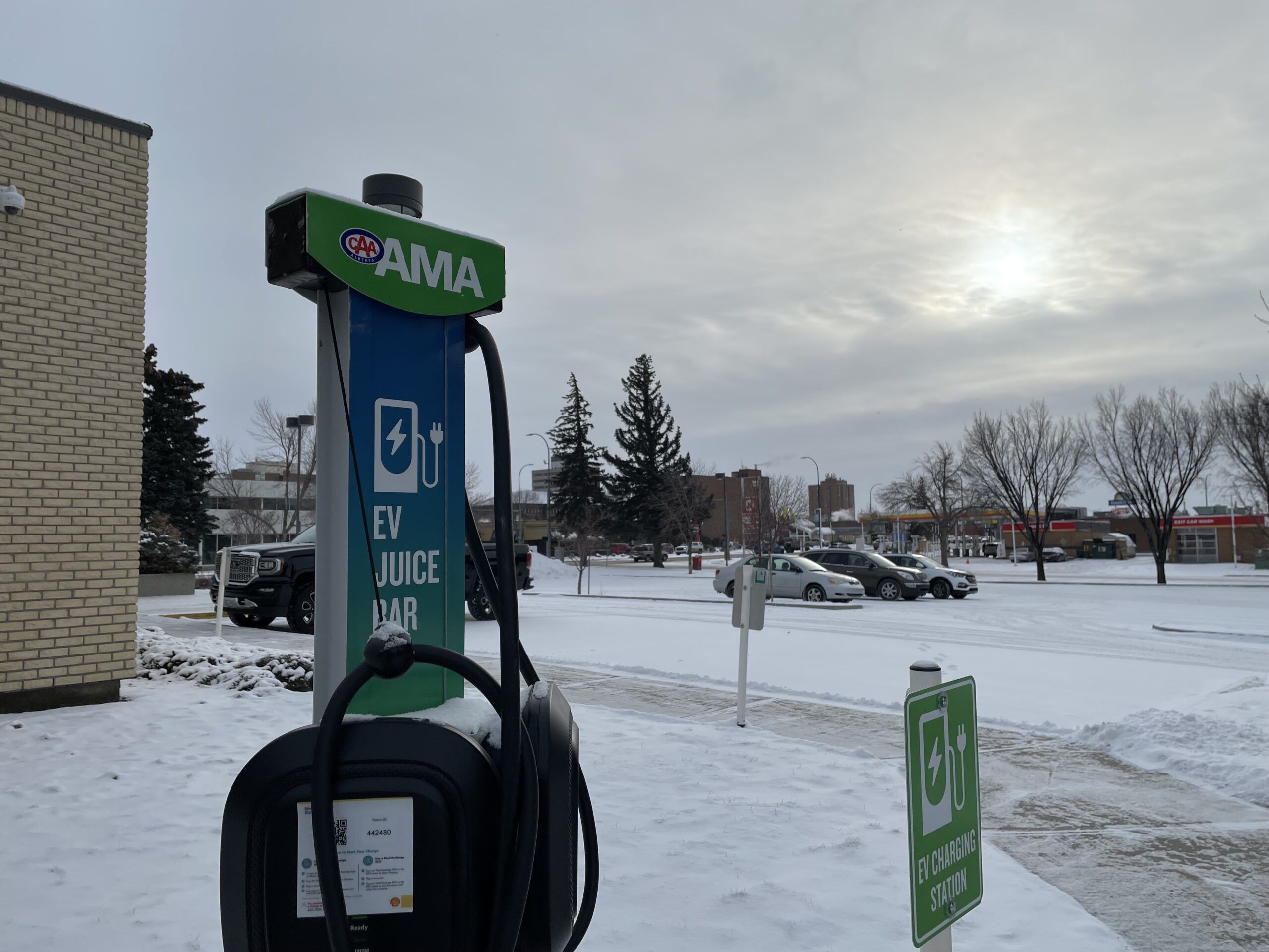 Electric vehicle charger outside the Lethbridge AMA office. (My Lethbridge Now photo)