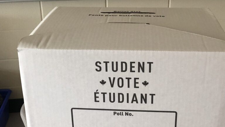 A student vote ballot box in an Alberta High School in 2019. Photo courtesy: Derrick Potosky