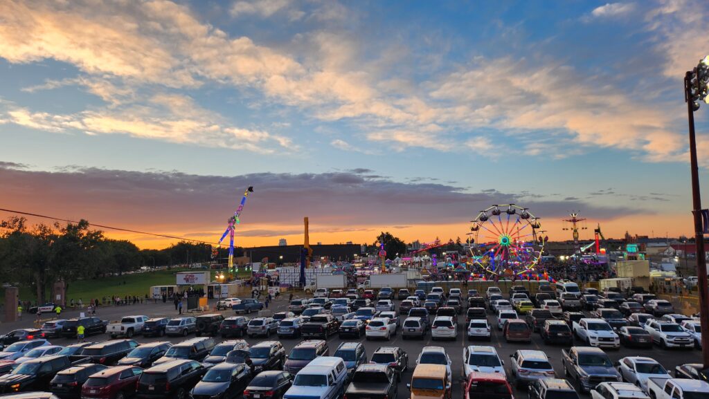 The midway is seen from the Rocky Mountain Turf Club Grandstand at Whoop-Up Days 2024. (Photo: J. Goulet, My Lethbridge Now)