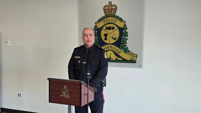 LPS Chief Shahin Mehdizadeh speaking with reporters in Lethbridge, February 27, 2025. (Photo: J. Goulet, My Lethbridge Now)