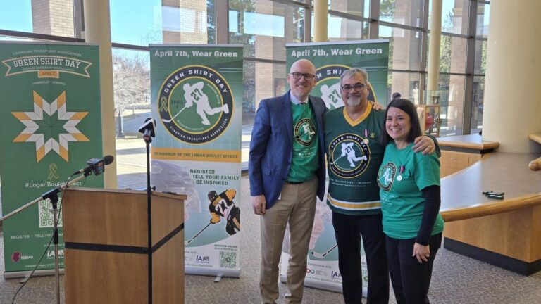 L to R: Lethbridge mayor Blaine Hyggen, Toby Boulet and Bernadine Boulet at City Hall, March 12, 2025. (Photo: J. Goulet, My Lethbridge Now)