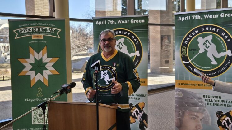 Toby Boulet speaking at the 2025 Green Shirt Day launch event at Lethbridge City Hall, March 11, 2025. (Photo: J. Goulet, My Lethbridge Now)