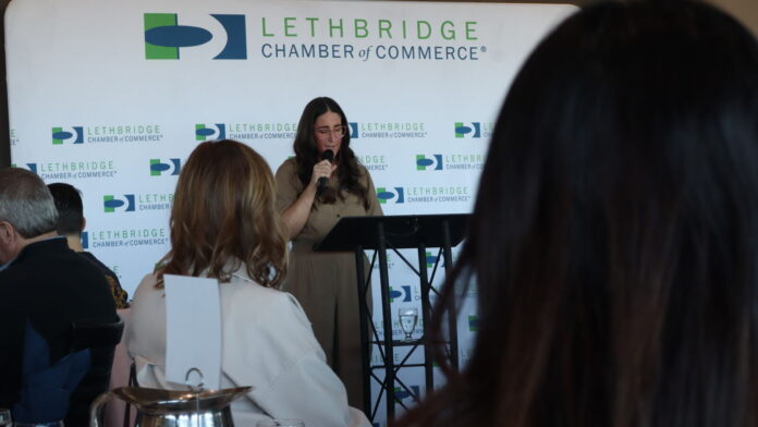 Jess Shorten keynote speaker at the annual Lethbridge and District Chamber of Commerce International Women's Day Breakfast (Photo from mylethbridgenow.com staff)