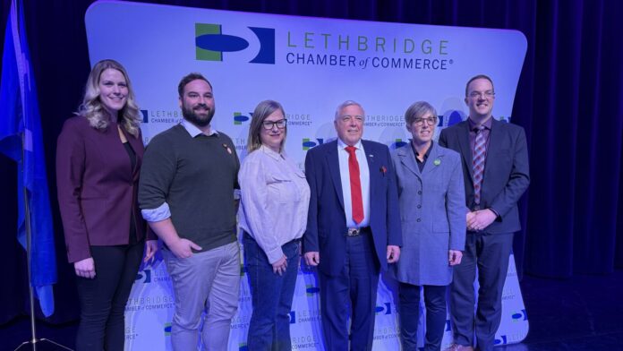 (L to R) 2025 Lethbridge Federal election candidates Rachel Thomas, Nathan Svoboda, Clara Piedalue, Chris Spearman, Amber Murray and Marc Slingerland (Photo by mylethbridgenow.com staff)