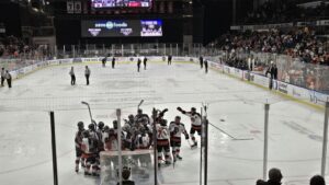 The Medicine Hat Tigers celebrate their Eastern Conference Finals win on Wednesday, April 30, 2025. (Photo: J. Goulet, My Lethbridge Now)