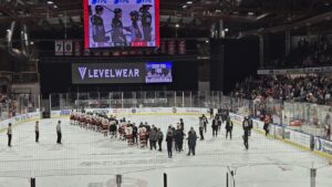 The Lethbridge Hurricanes and Medicine Hat Tigers shake hands following game four of the WHL Eastern Conference Finals on Wednesday, April 30, 2025. (Photo: J. Goulet, My Lethbridge Now)