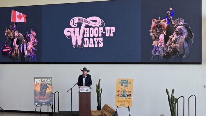 Paul Kingsmith, Lethbridge & District Exhibition Director of Event Development, announcing details for the 2025 Whoop-Up festival on May 29, 2025. (Photo: J. Goulet, My Lethbridge Now)