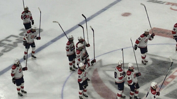 File photo of Lethbridge Hurricanes players celebrating a win at the VisitLethbridge.com Arena. (File photo: Vista Radio)