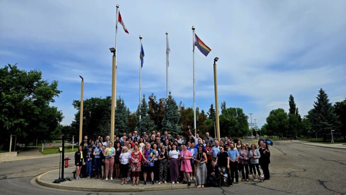 Lethbridge Polytechnic raised the Progress Pride flag on June 25, 2025. (Photo: J. Goulet, My Lethbridge Now)
