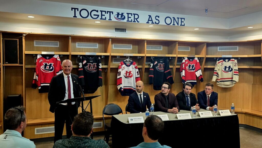 L to R: Lethbridge's general manager Peter Anholt, new head coach Matt Anholt, assistant coach Ryan Aasman, assistant coach Torrin White and goaltending coach Matt Weninger, June 25, 2025. (Photo: J. Goulet, My Lethbridge Now)