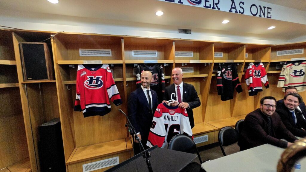 Matt (left) and Peter Anholt at the media conference announcing Matt as the Hurricanes' new head coach, June 25, 2025. (Photo: J. Goulet, My Lethbridge Now)