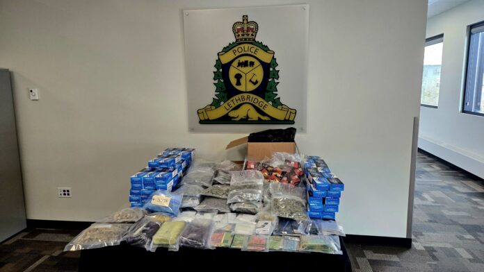 Items seized by Lethbridge Police during a May 28, 2025 bust, seen on display at the LPS station on June 3, 2025. (Photo: J. Goulet, My Lethbridge Now)