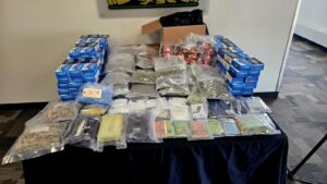 Items seized by LPS members during a May 28, 2025 bust, seen on display at the LPS station on June 3, 2025. (Photo: J. Goulet, My Lethbridge Now)